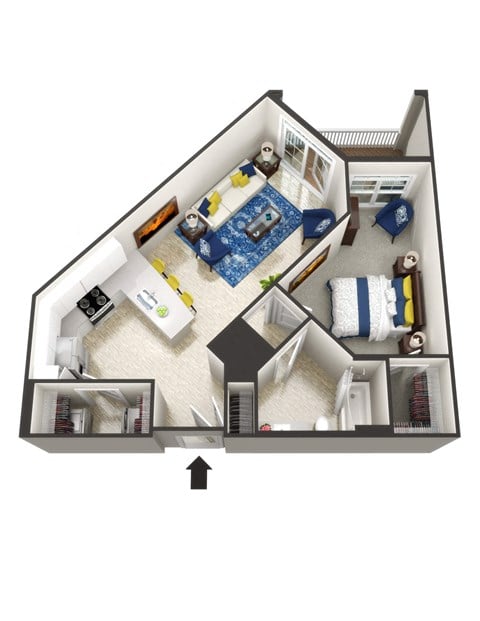 Floor plan for 1 bed, 1 bath, 798 sqft